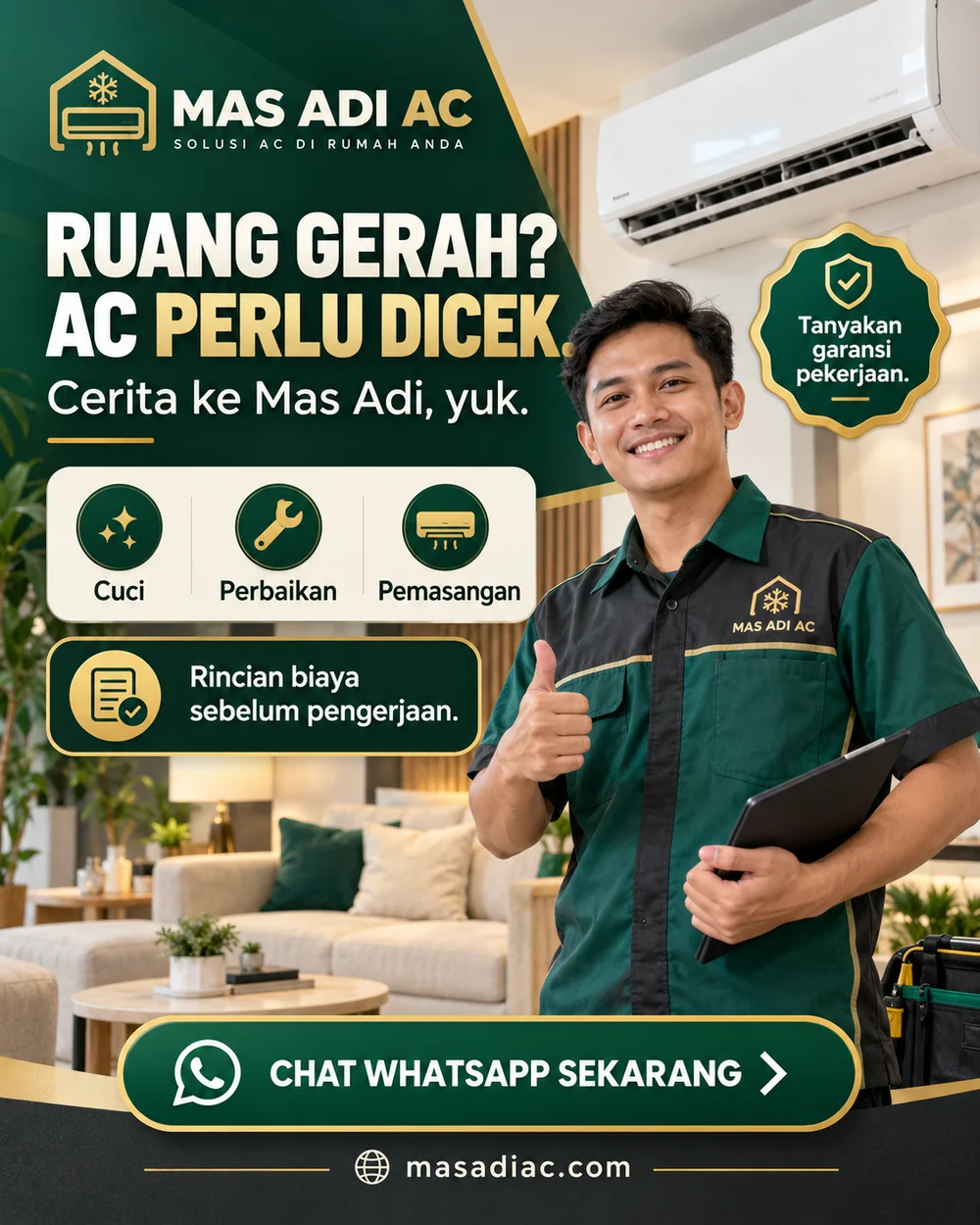 Mas Adi AC: Ruang gerah? Cerita ke Mas Adi, tanyakan rincian biaya serta garansi pekerjaan
